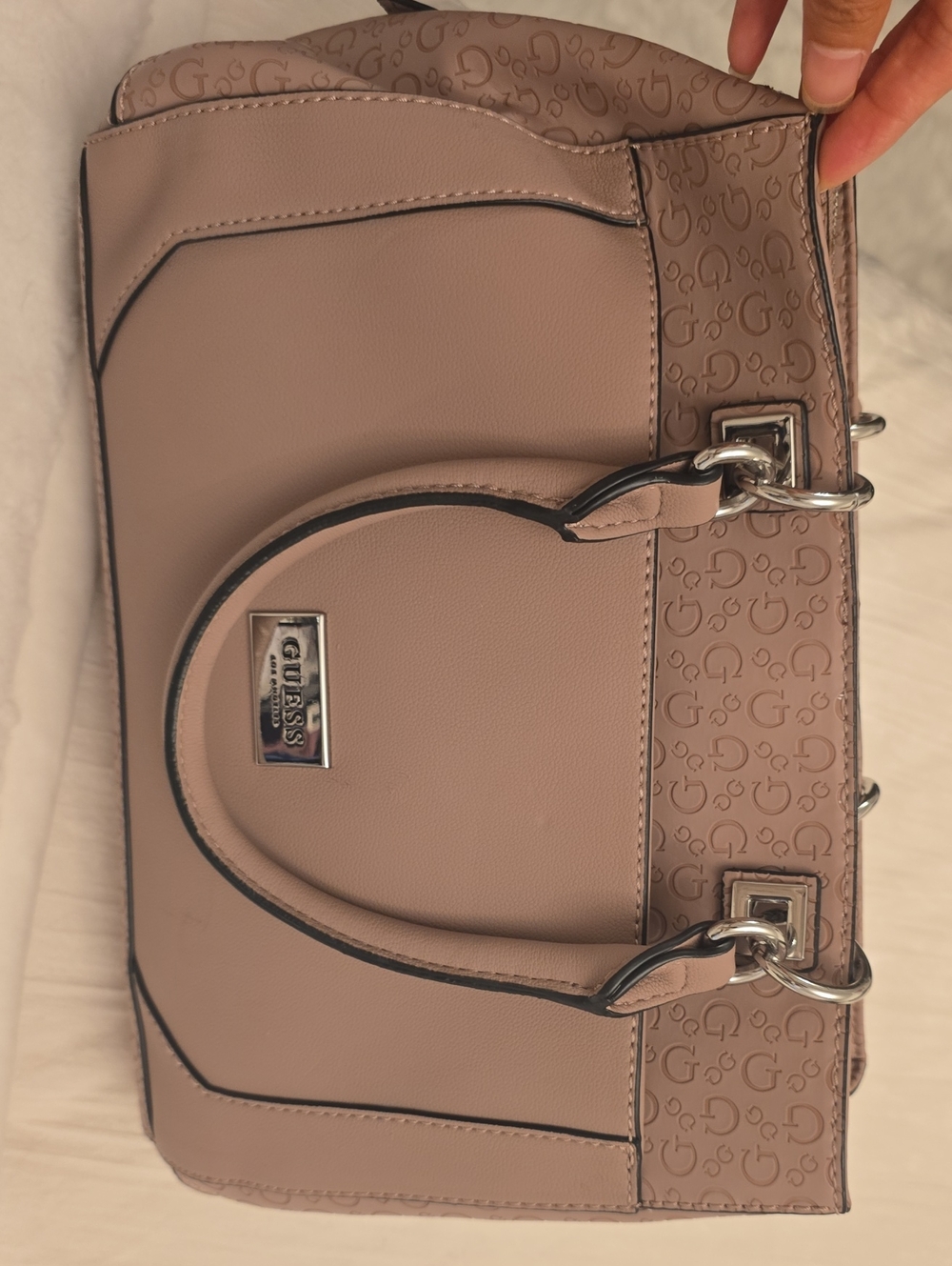 GUESS Taupe/Blush Logo-Trim Satchel with Silver Accents